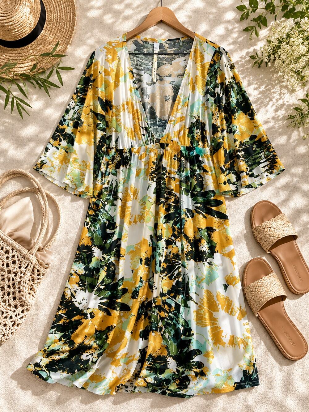 Anthropologie Uncle Frank Floral Babydoll Dress Yellow Green Boho Large